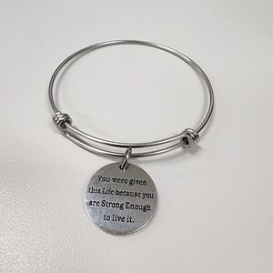 Inspirational Silver-tone Bangle Bracelet Adjustable Motivation Strong